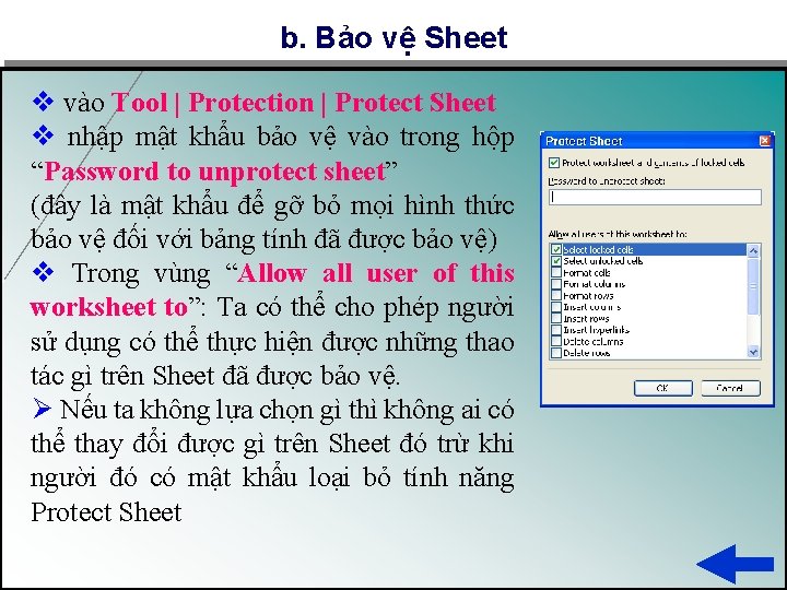 b. Bảo vệ Sheet v vào Tool | Protection | Protect Sheet v nhập