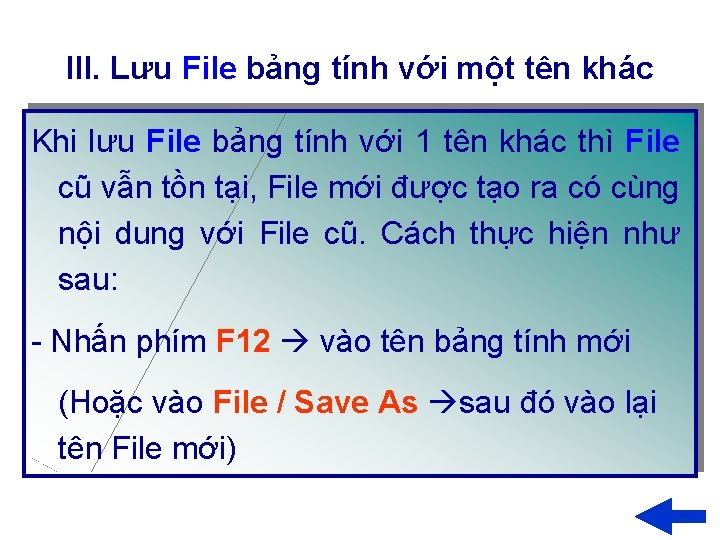 III. Lưu File bảng tính với một tên khác Khi lưu File bảng tính