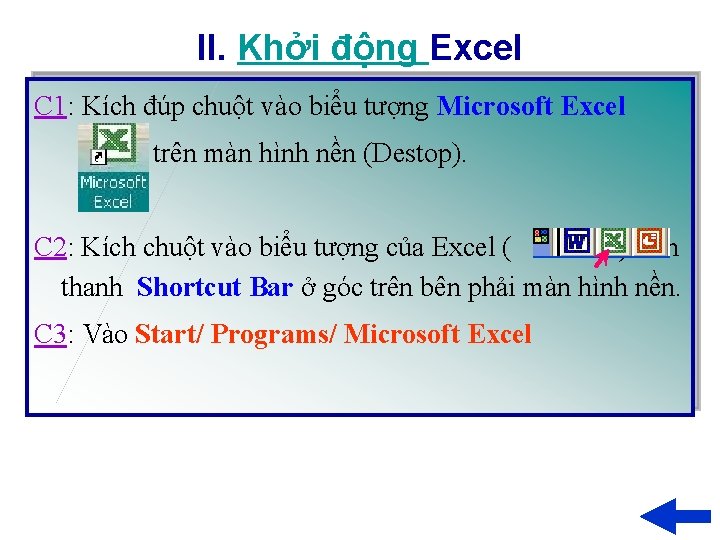 II. Khởi động Excel C 1: Kích đúp chuột vào biểu tượng Microsoft Excel