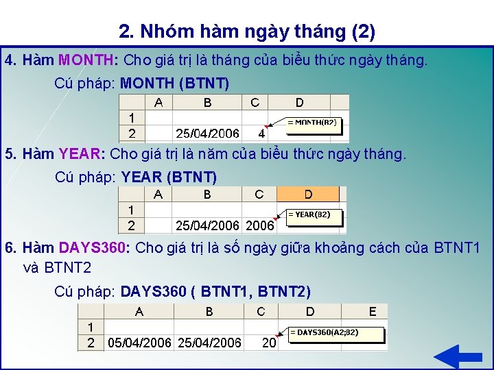 2. Nhóm hàm ngày tháng (2) 4. Hàm MONTH: Cho giá trị là tháng