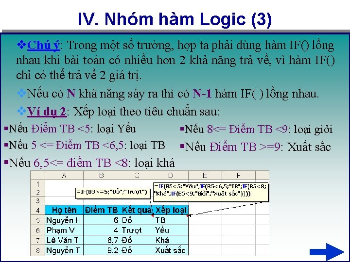 IV. Nhóm hàm Logic (3) v. Chú ý: Trong một số trường, hợp ta