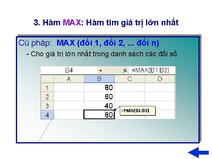 3. Hàm MAX: Hàm tìm giá trị lớn nhất Cú pháp: MAX (đối 1,