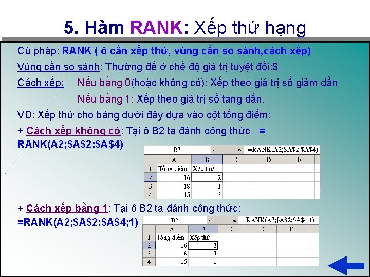 5. Hàm RANK: Xếp thứ hạng Cú pháp: RANK ( ô cần xếp thứ,