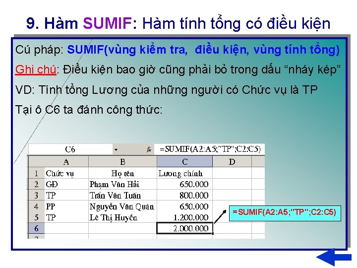 9. Hàm SUMIF: Hàm tính tổng có điều kiện Cú pháp: SUMIF(vùng kiểm tra,