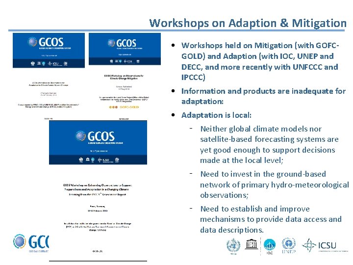 Workshops on Adaption & Mitigation • Workshops held on Mitigation (with GOFCGOLD) and Adaption