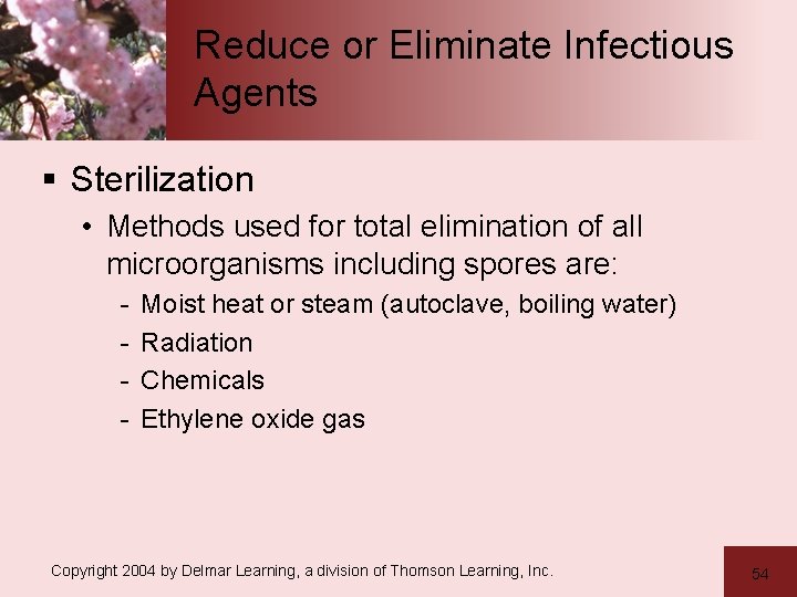 Reduce or Eliminate Infectious Agents § Sterilization • Methods used for total elimination of