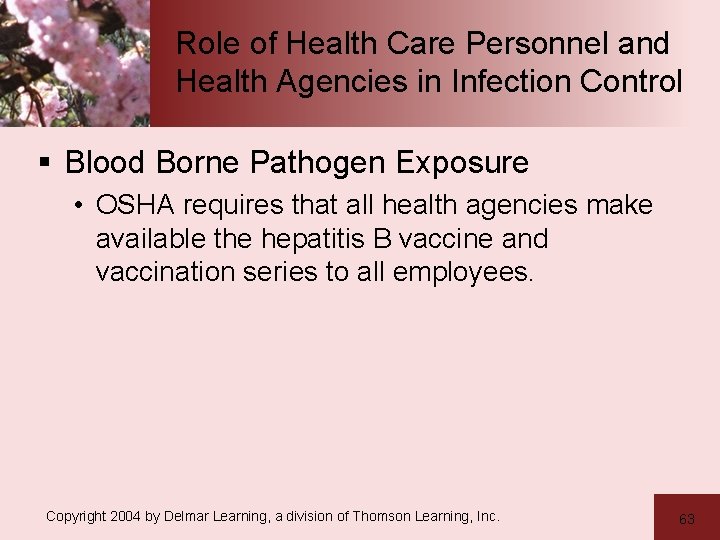 Role of Health Care Personnel and Health Agencies in Infection Control § Blood Borne