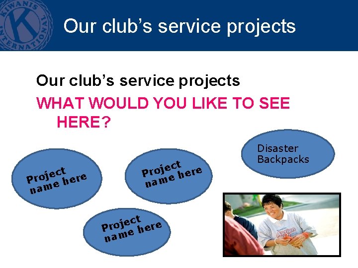 Our club’s service projects WHAT WOULD YOU LIKE TO SEE HERE? ect re j