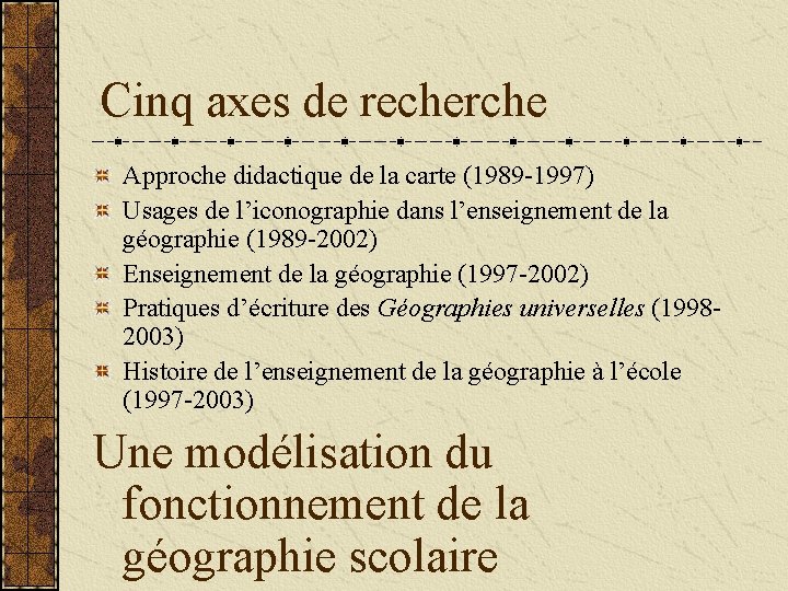 Cinq axes de recherche Approche didactique de la carte (1989 -1997) Usages de l’iconographie