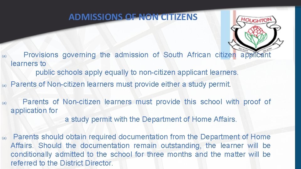 ADMISSIONS OF NON CITIZENS (a) (a) Provisions governing the admission of South African citizen