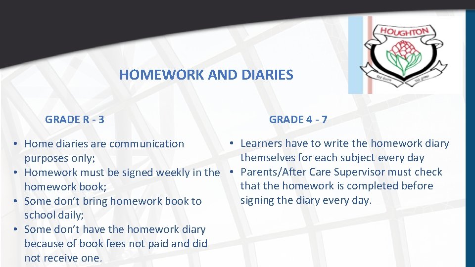 HOMEWORK AND DIARIES GRADE R - 3 GRADE 4 - 7 • Learners have
