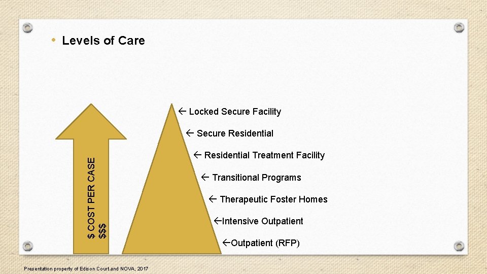  • Levels of Care Locked Secure Facility $ COST PER CASE $$$ Secure