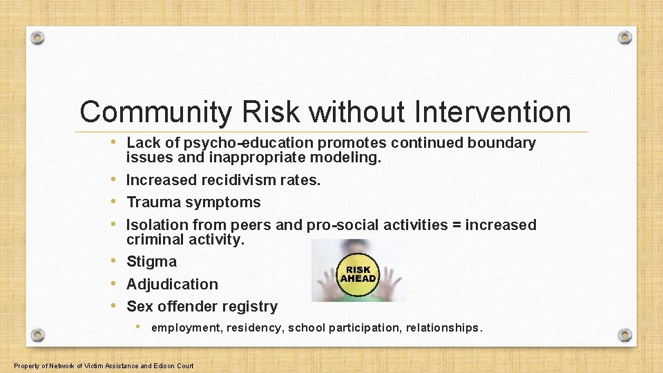 Community Risk without Intervention • Lack of psycho-education promotes continued boundary • • •