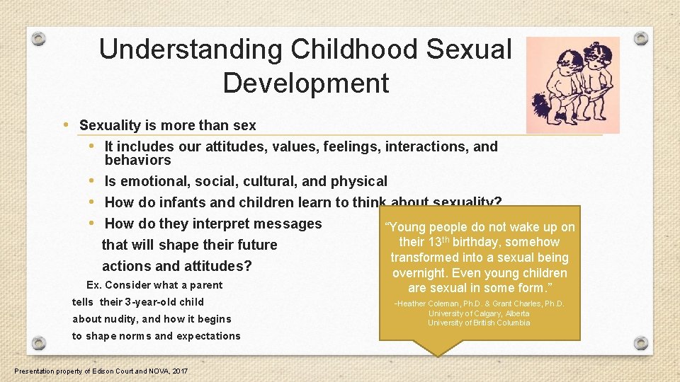 Understanding Childhood Sexual Development • Sexuality is more than sex • It includes our