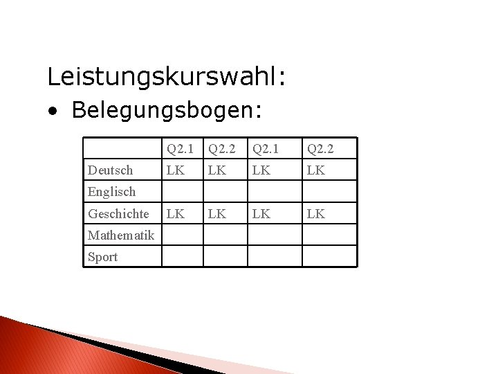 Leistungskurswahl: • Belegungsbogen: Deutsch Q 2. 1 Q 2. 2 LK LK Englisch Geschichte