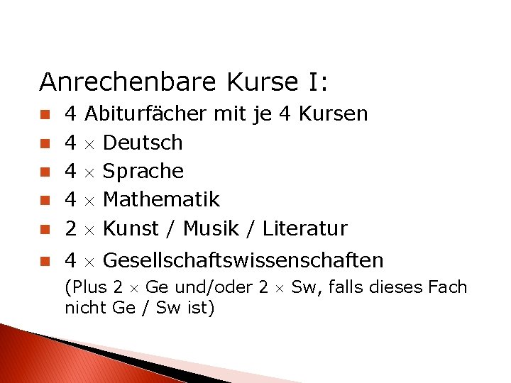 Anrechenbare Kurse I: n 4 4 2 n 4 Gesellschaftswissenschaften n n Abiturfächer mit