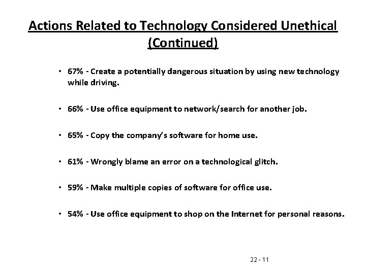 Actions Related to Technology Considered Unethical (Continued) • 67% - Create a potentially dangerous