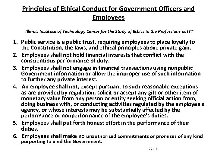 Principles of Ethical Conduct for Government Officers and Employees Illinois Institute of Technology Center