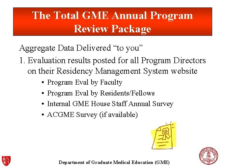 The Total GME Annual Program Review Package Aggregate Data Delivered “to you” 1. Evaluation