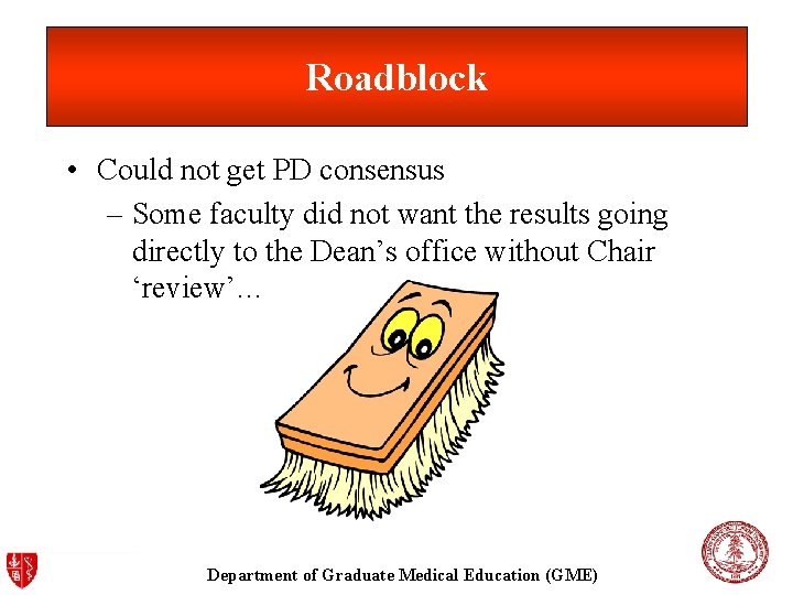 Roadblock • Could not get PD consensus – Some faculty did not want the