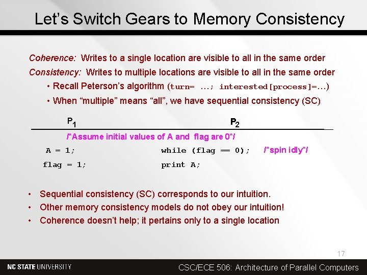 Let’s Switch Gears to Memory Consistency Coherence: Writes to a single location are visible