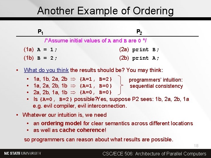 Another Example of Ordering P 1 P 2 /*Assume initial values of A and