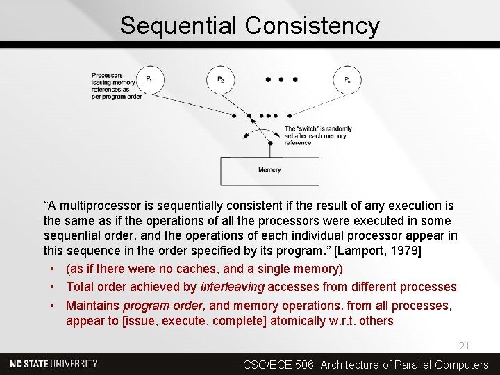 Sequential Consistency “A multiprocessor is sequentially consistent if the result of any execution is