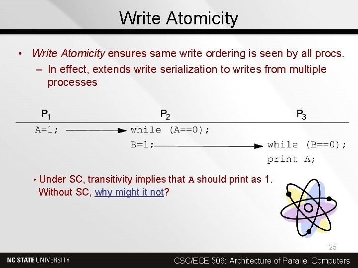 Write Atomicity • Write Atomicity ensures same write ordering is seen by all procs.