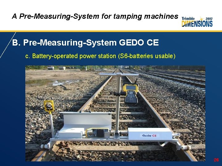 A Pre-Measuring-System for tamping machines B. Pre-Measuring-System GEDO CE c. Battery-operated power station (S