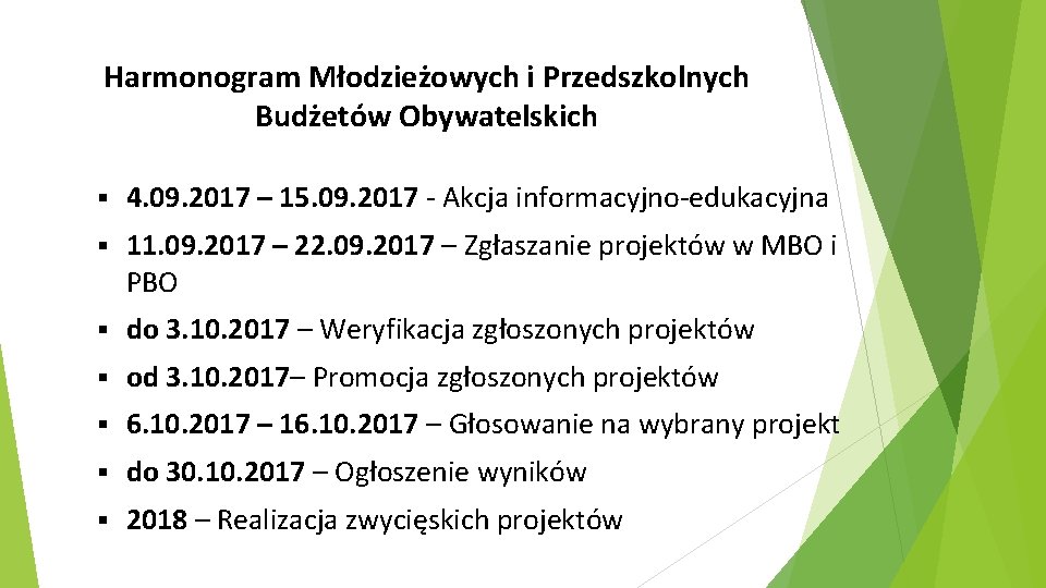Harmonogram Młodzieżowych i Przedszkolnych Budżetów Obywatelskich § 4. 09. 2017 – 15. 09. 2017