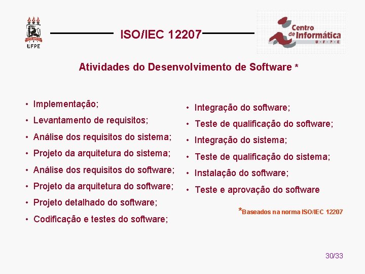 ISO/IEC 12207 Atividades do Desenvolvimento de Software * • Implementação; • Integração do software;