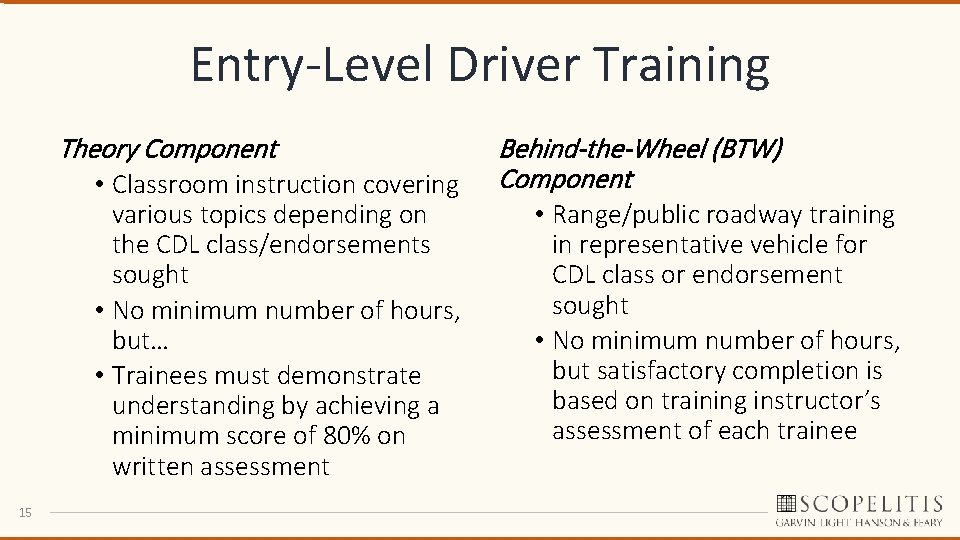 Entry-Level Driver Training Theory Component • Classroom instruction covering various topics depending on the