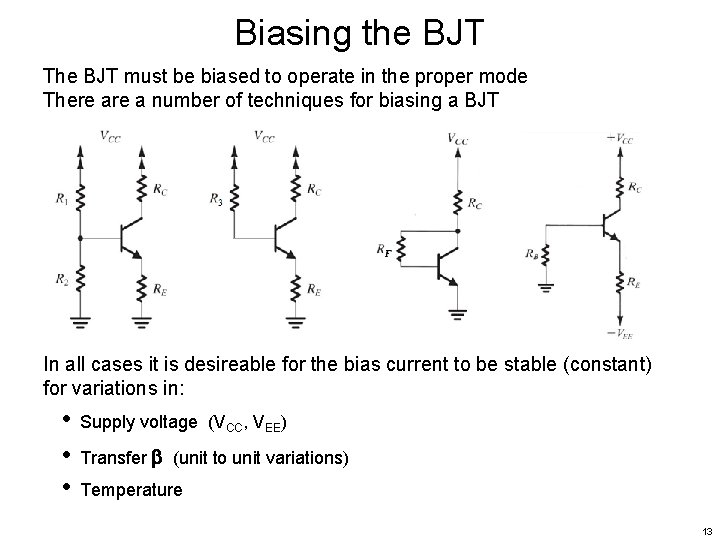 Biasing the BJT The BJT must be biased to operate in the proper mode