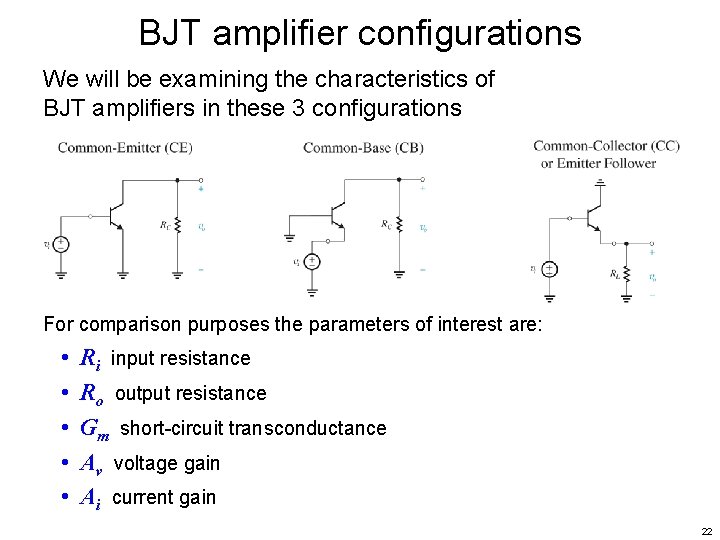 BJT amplifier configurations We will be examining the characteristics of BJT amplifiers in these