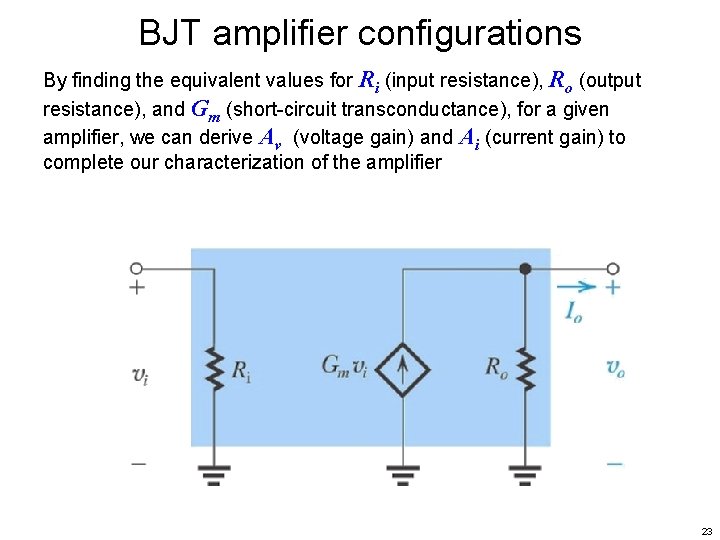BJT amplifier configurations By finding the equivalent values for Ri (input resistance), Ro (output