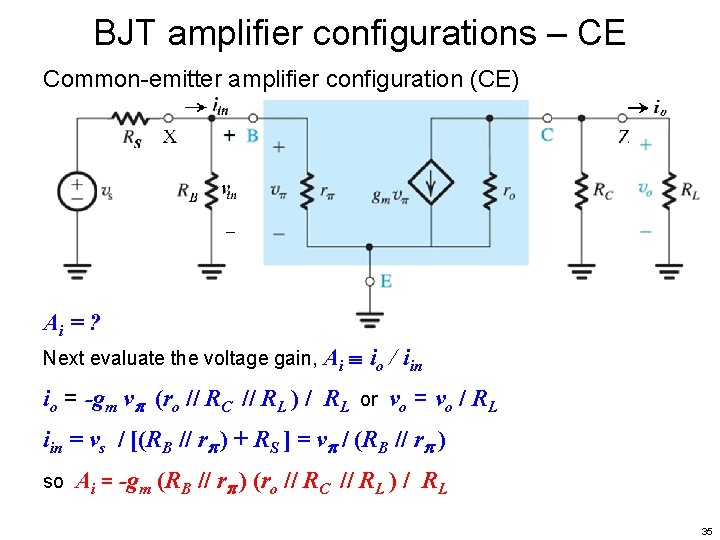 BJT amplifier configurations – CE Common-emitter amplifier configuration (CE) Ai = ? Next evaluate