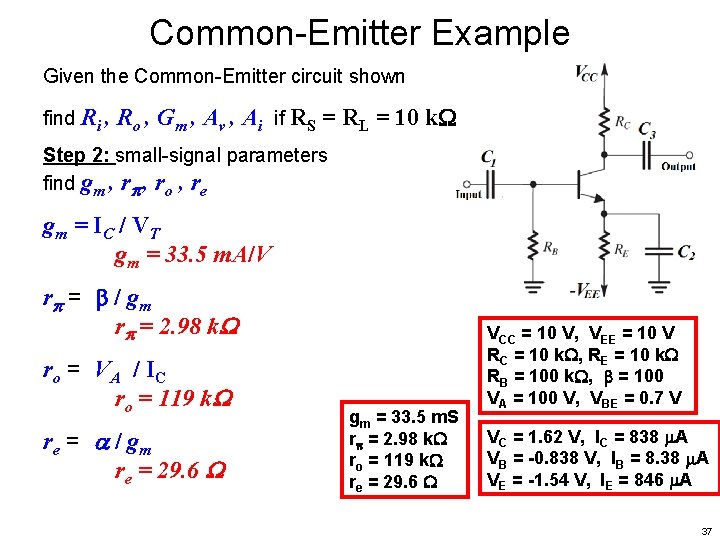 Common-Emitter Example Given the Common-Emitter circuit shown find Ri , Ro , Gm ,