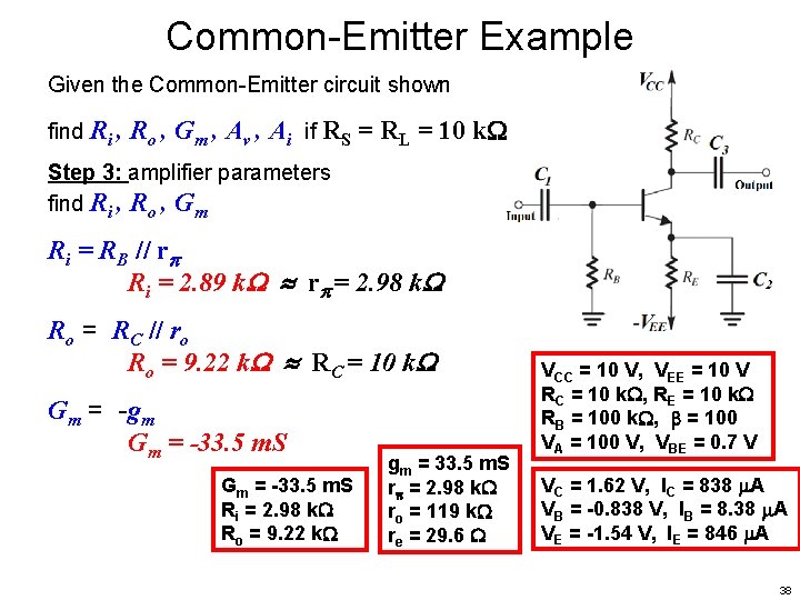 Common-Emitter Example Given the Common-Emitter circuit shown find Ri , Ro , Gm ,