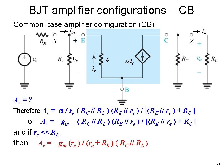 BJT amplifier configurations – CB Common-base amplifier configuration (CB) Av = ? = /