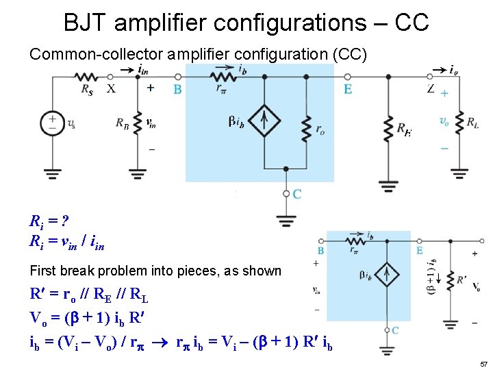 BJT amplifier configurations – CC Common-collector amplifier configuration (CC) Ri = ? Ri =