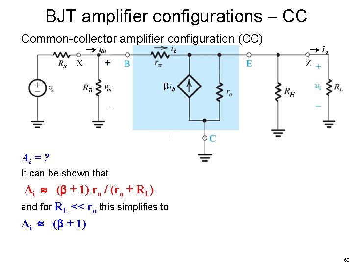 BJT amplifier configurations – CC Common-collector amplifier configuration (CC) Ai = ? It can