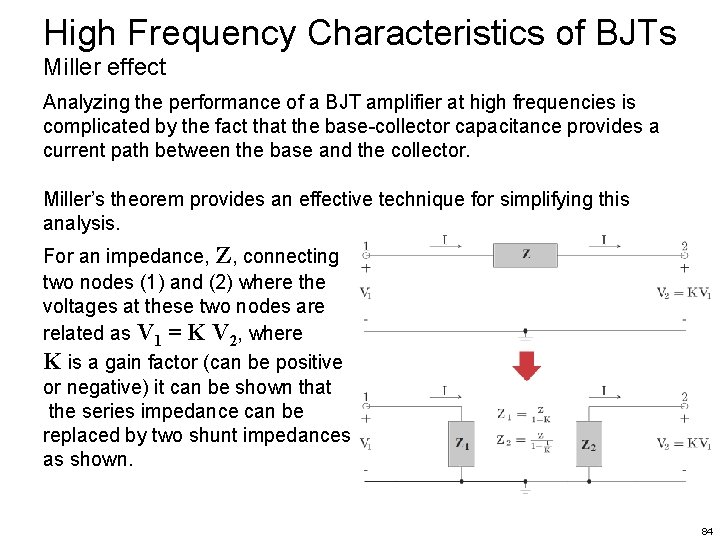 High Frequency Characteristics of BJTs Miller effect Analyzing the performance of a BJT amplifier