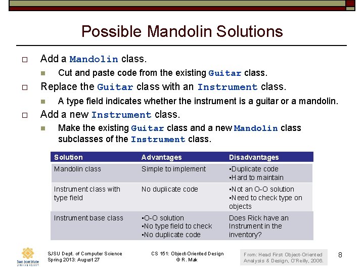 Possible Mandolin Solutions o Add a Mandolin class. n o Replace the Guitar class