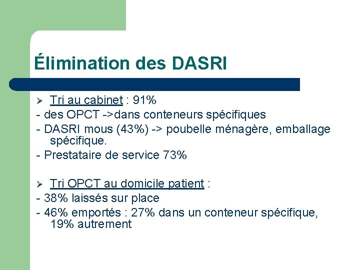 Élimination des DASRI Tri au cabinet : 91% - des OPCT ->dans conteneurs spécifiques