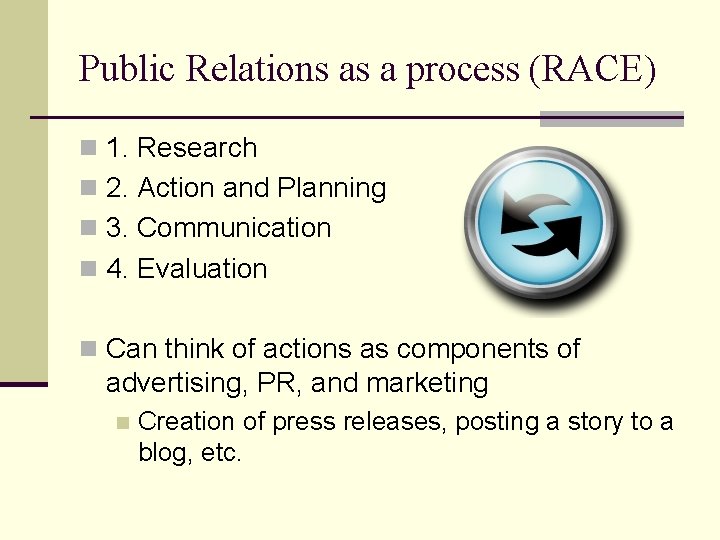 Public Relations as a process (RACE) n 1. Research n 2. Action and Planning
