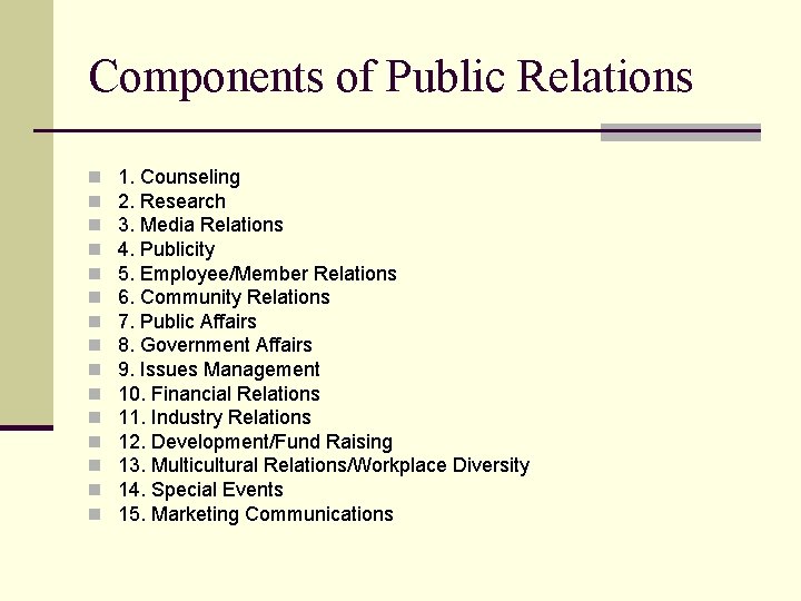 Components of Public Relations n n n n 1. Counseling 2. Research 3. Media