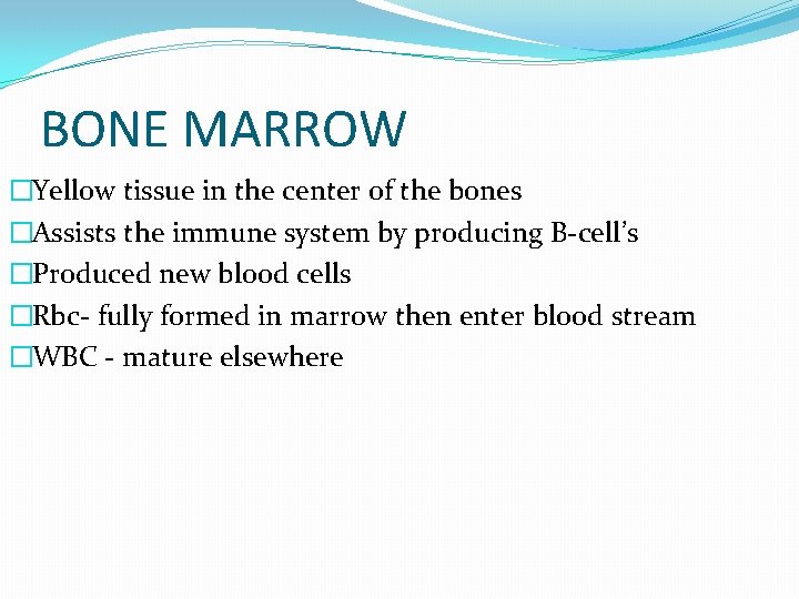 BONE MARROW �Yellow tissue in the center of the bones �Assists the immune system