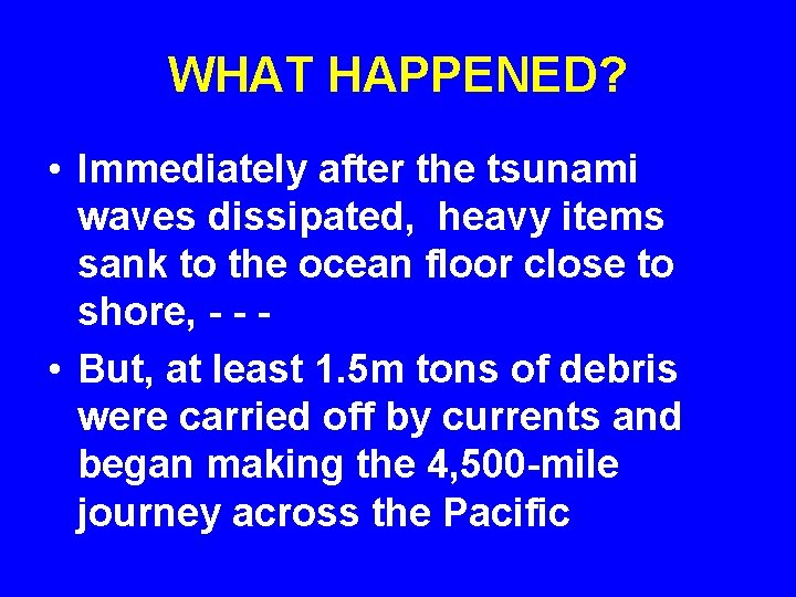 WHAT HAPPENED? • Immediately after the tsunami waves dissipated, heavy items sank to the