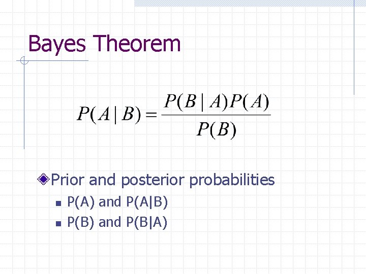 Bayes Theorem Prior and posterior probabilities n n P(A) and P(A|B) P(B) and P(B|A)