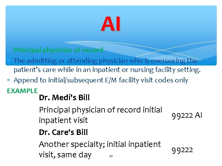 AI Principal physician of record The admitting or attending physician who is overseeing the